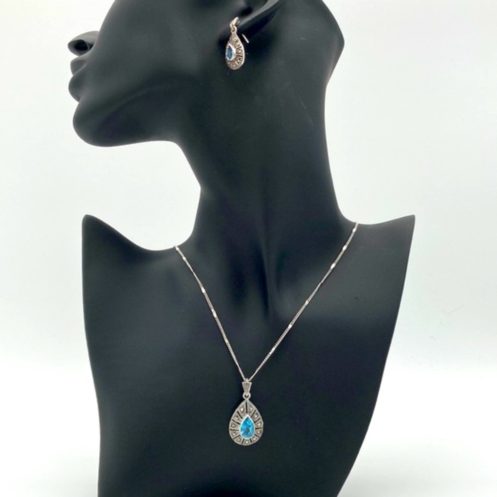Blue Topaz & Marcasite 925 Pendant/Chain with Matching Dangle Earrings